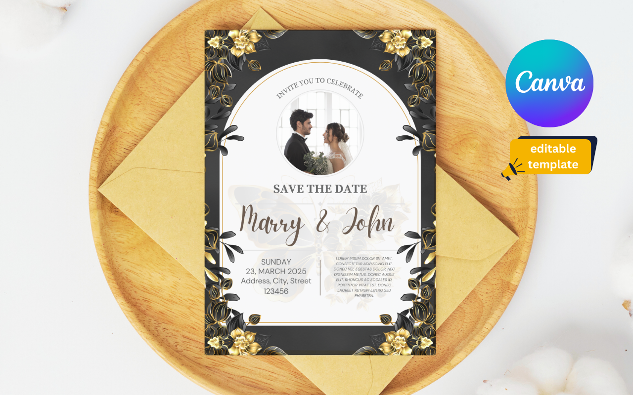 Elegant Black & Gold Floral Wedding Invitation Card Template | Editable in Canva