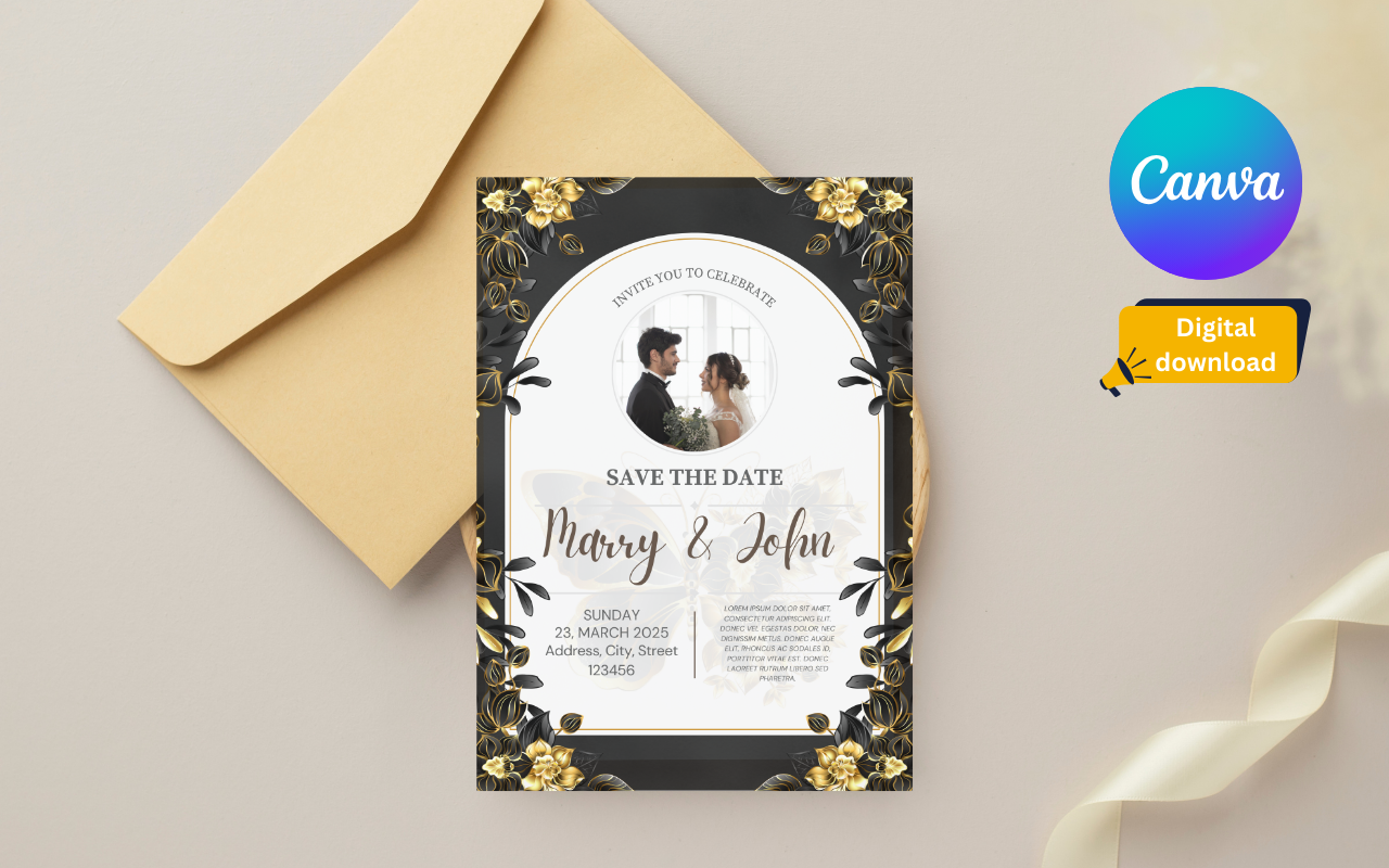 Elegant Black & Gold Floral Wedding Invitation Card Template | Editable in Canva