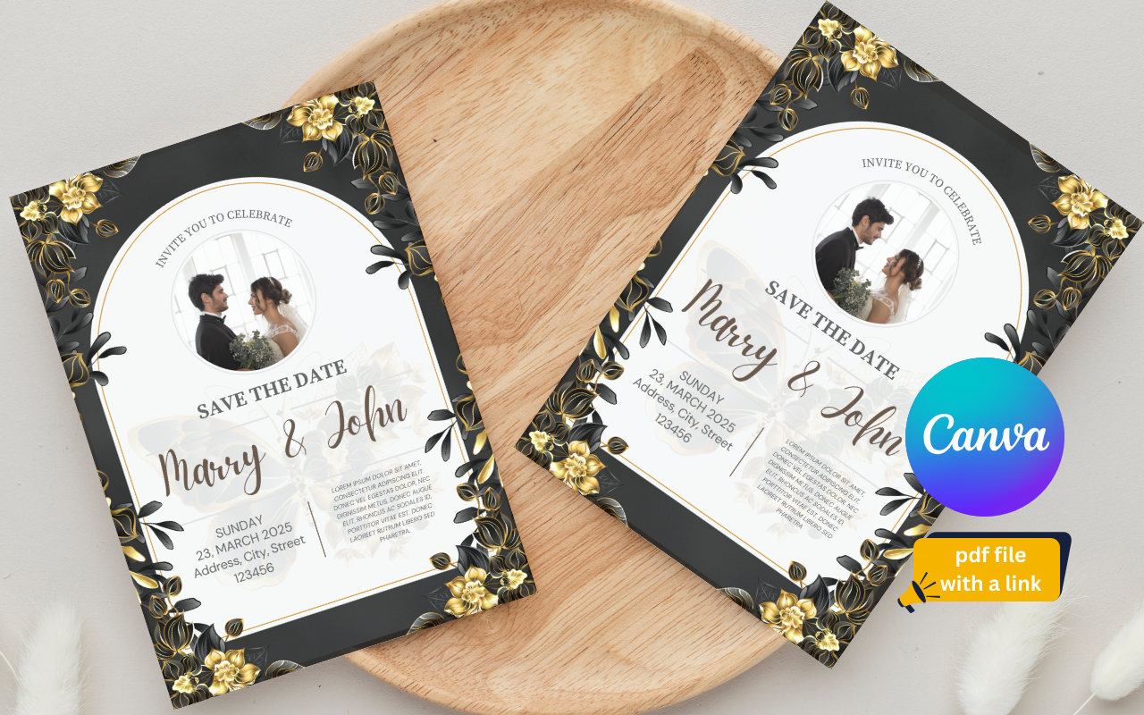 Elegant Black & Gold Floral Wedding Invitation Card Template | Editable in Canva