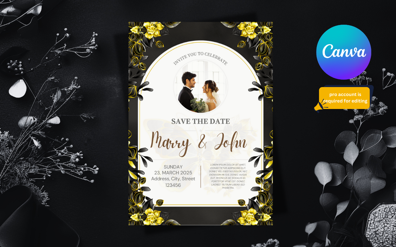 Wedding invitation card with floral design on a black background, featuring the Canva logo.