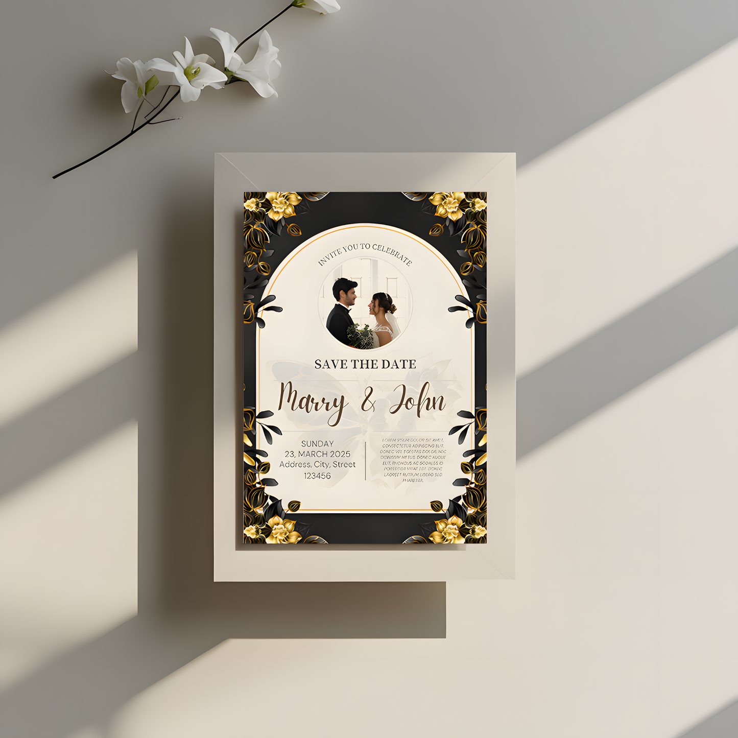 Elegant Black & Gold Floral Wedding Invitation Card Template | Editable in Canva