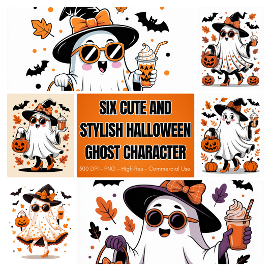 Six Cute & Stylish Halloween Ghost PNG Bundle  High-Resolution 300 DPI  Instant Digital Download