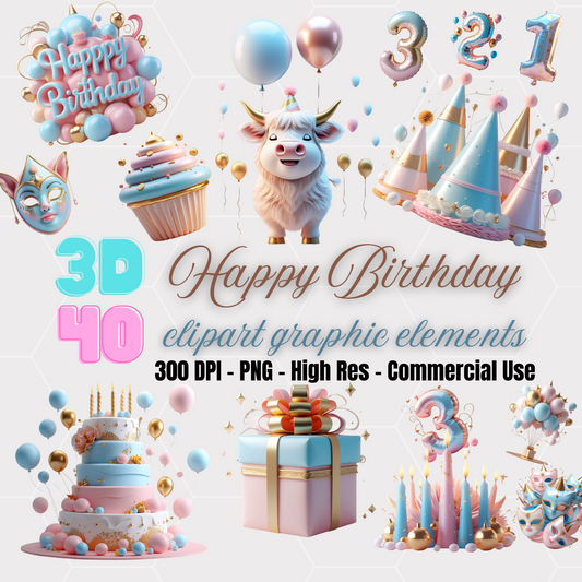 3D Happy Birthday Clipart Bundle – 40 High-Resolution PNG Graphics | 300 DPI | Commercial Use | Pastel Balloons, Cakes & Party Elements