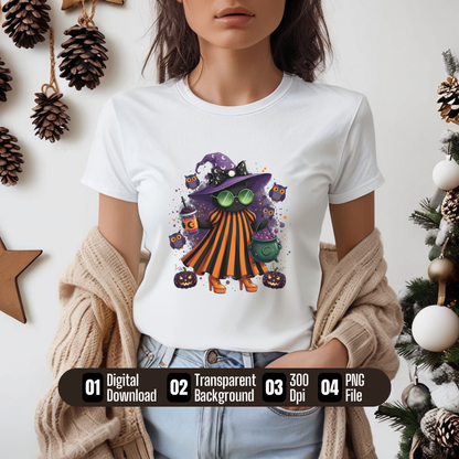 Cute Halloween Witch PNG | Spooky Girl Digital Download | 300 DPI Transparent Background for Sublimation, T-Shirts, Mugs
