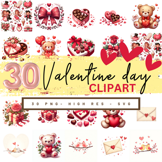 Valentine’s Day Clipart Bundle – 30 High-Resolution PNG & SVG Graphics | Cute Love Elements for Cards & Crafts