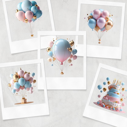 3D Happy Birthday Clipart Bundle – 40 High-Resolution PNG Graphics | 300 DPI | Commercial Use | Pastel Balloons, Cakes & Party Elements
