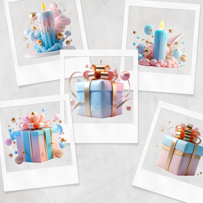 3D Happy Birthday Clipart Bundle – 40 High-Resolution PNG Graphics | 300 DPI | Commercial Use | Pastel Balloons, Cakes & Party Elements