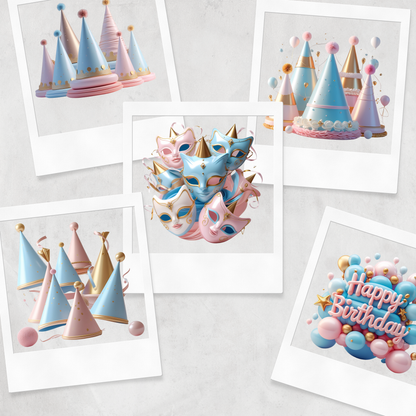 3D Happy Birthday Clipart Bundle – 40 High-Resolution PNG Graphics | 300 DPI | Commercial Use | Pastel Balloons, Cakes & Party Elements