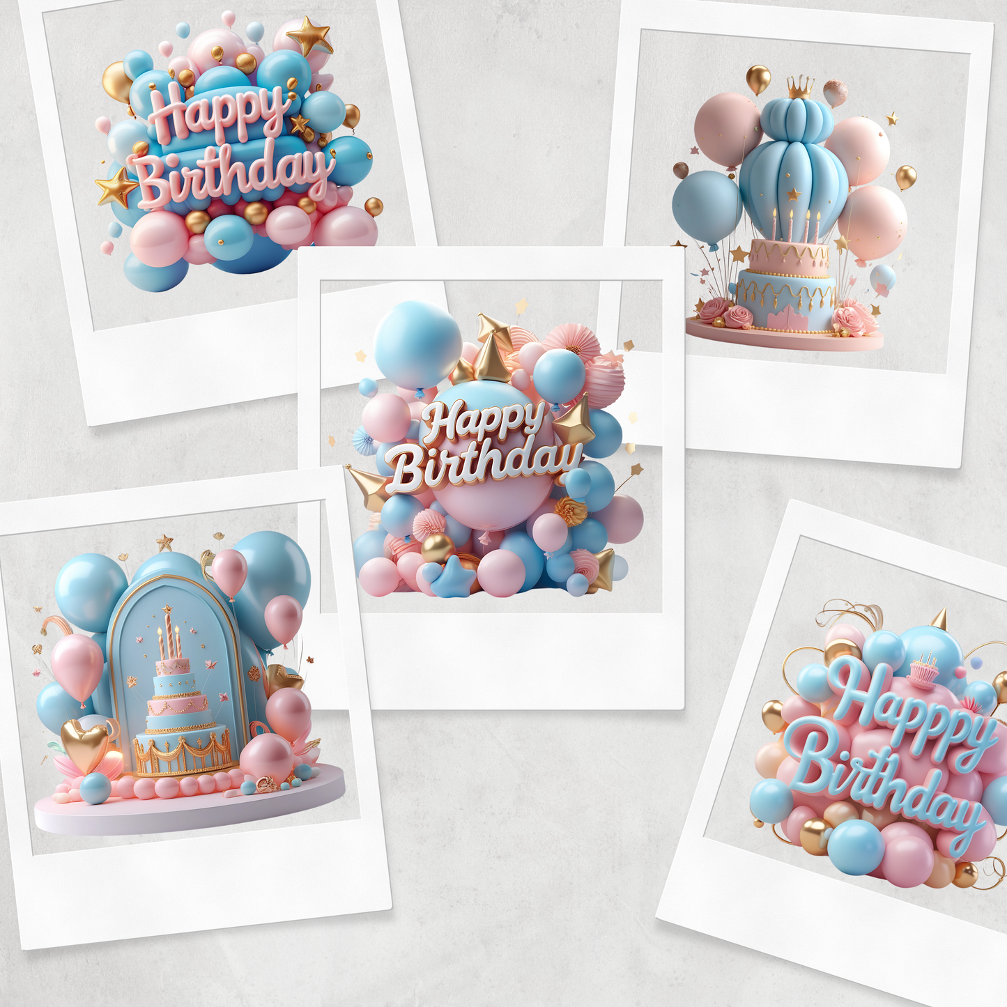 3D Happy Birthday Clipart Bundle – 40 High-Resolution PNG Graphics | 300 DPI | Commercial Use | Pastel Balloons, Cakes & Party Elements