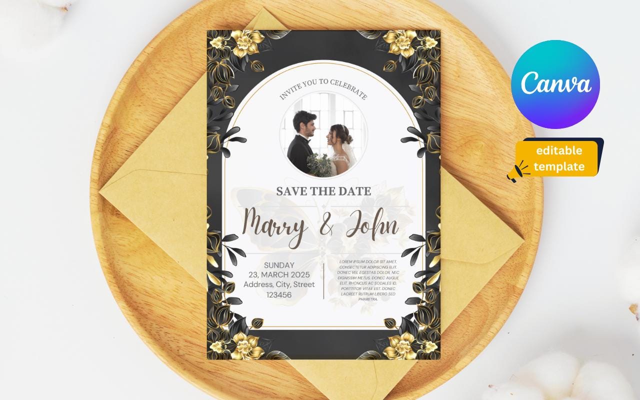 Elegant Black & Gold Wedding Card Template (Digital Download)