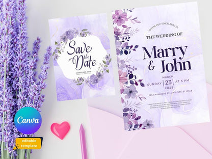 Purple Floral Wedding Invitation Template: Editable RSVP Card (Digital Download)