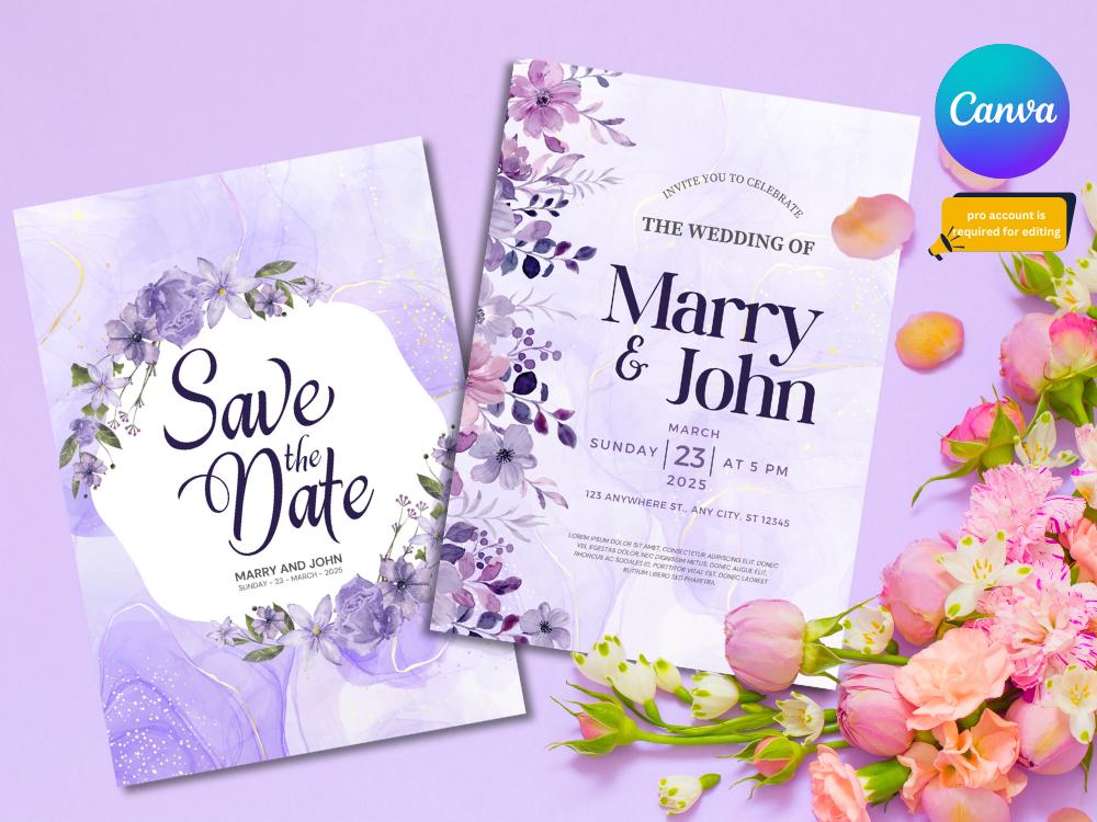 Purple Floral Wedding Invitation Template: Editable RSVP Card (Digital Download)