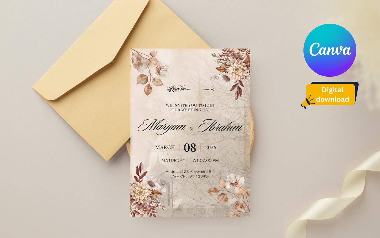 Nikkah Wedding Invitation Template: Minimalist Watercolor Floral (Digital Download)