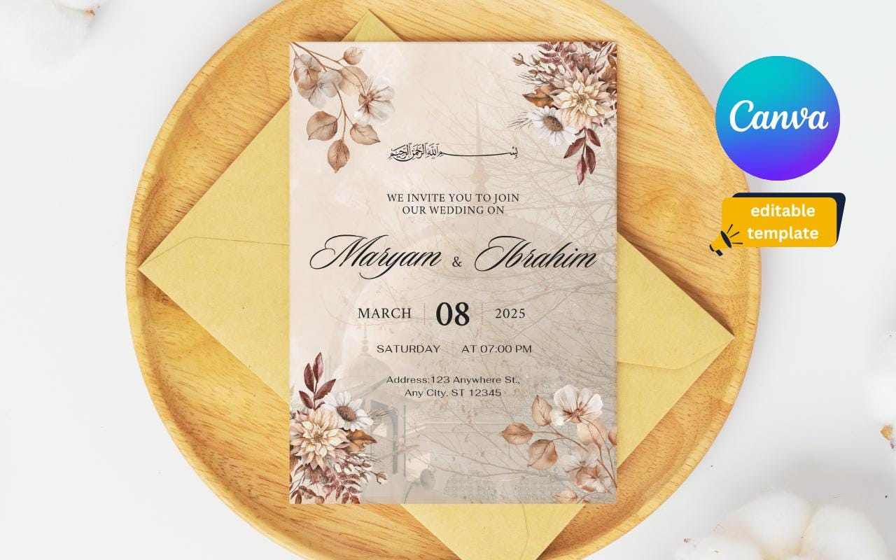 Nikkah Wedding Invitation Template: Minimalist Watercolor Floral (Digital Download)