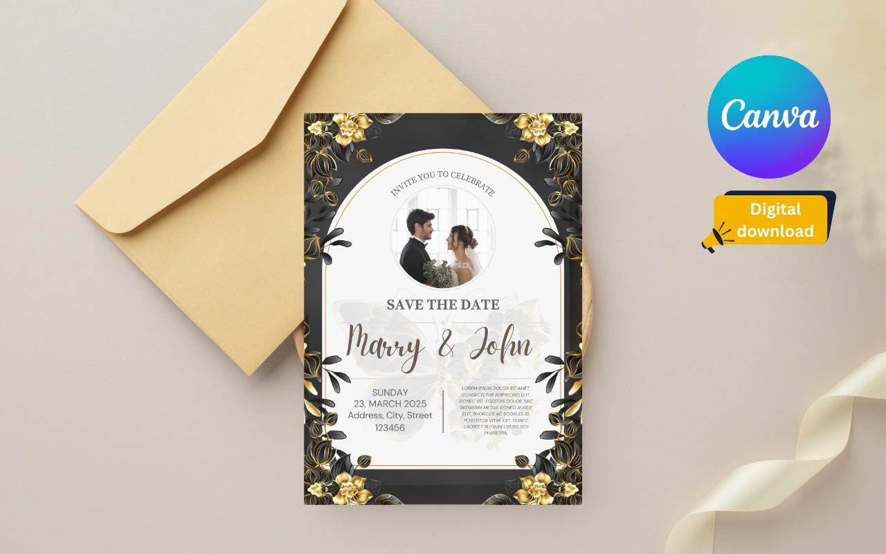 Elegant Black & Gold Wedding Card Template (Digital Download)