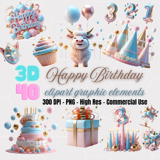 3D Happy Birthday Clipart: Pink, Blue, Gold (PNG Digital Download)