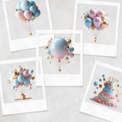 3D Happy Birthday Clipart: Pink, Blue, Gold (PNG Digital Download)