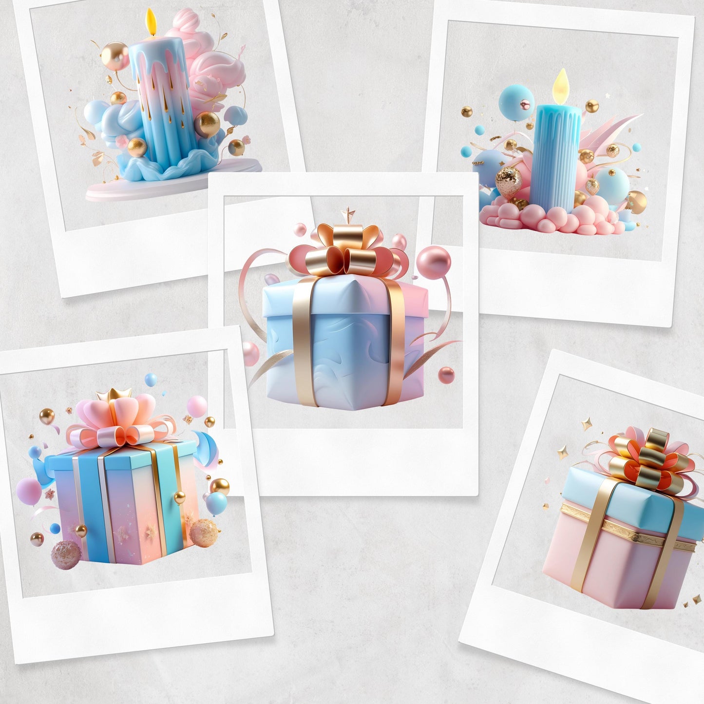 3D Happy Birthday Clipart: Pink, Blue, Gold (PNG Digital Download)