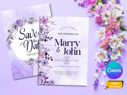 Purple Floral Wedding Invitation Template: Editable RSVP Card (Digital Download)