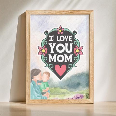 I Love You Mom Card: Watercolor Floral Design (PNG & PDF)