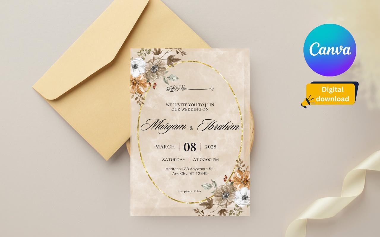 Floral Muslim Wedding Invitation Template: Minimalist Watercolor (Digital Download)