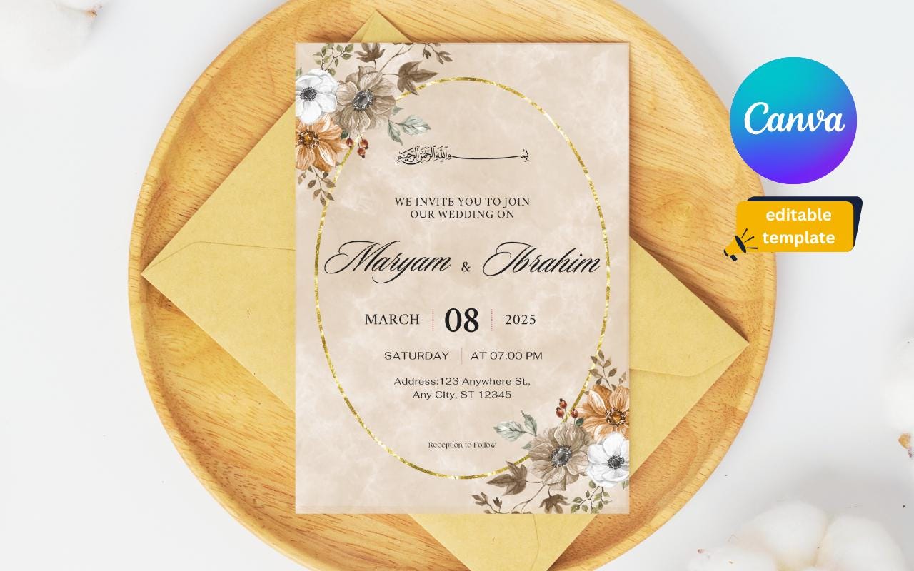 Floral Muslim Wedding Invitation Template: Minimalist Watercolor (Digital Download)
