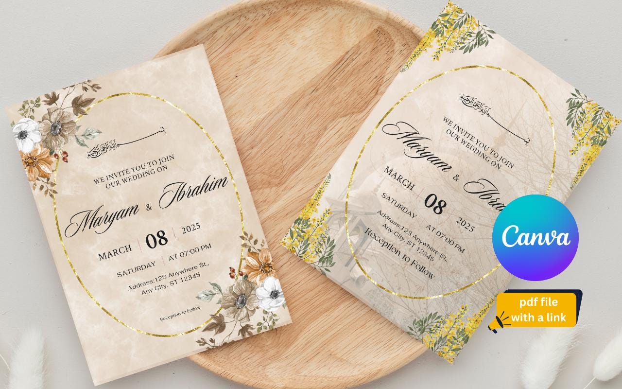 Floral Muslim Wedding Invitation Template: Minimalist Watercolor (Digital Download)
