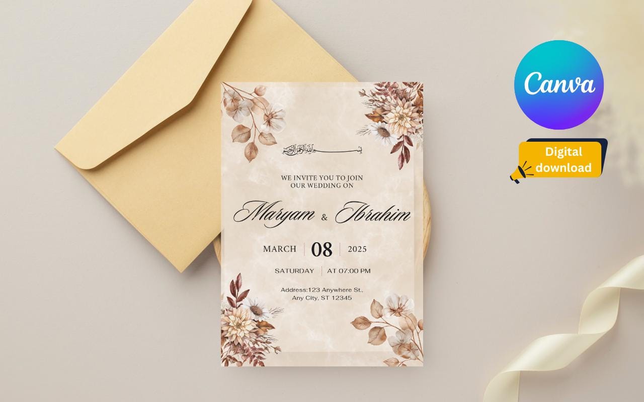 Nikkah Wedding Invitation Template: Minimalist Watercolor Floral (Digital Download)