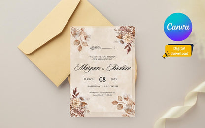 Nikkah Wedding Invitation Template: Minimalist Watercolor Floral (Digital Download)
