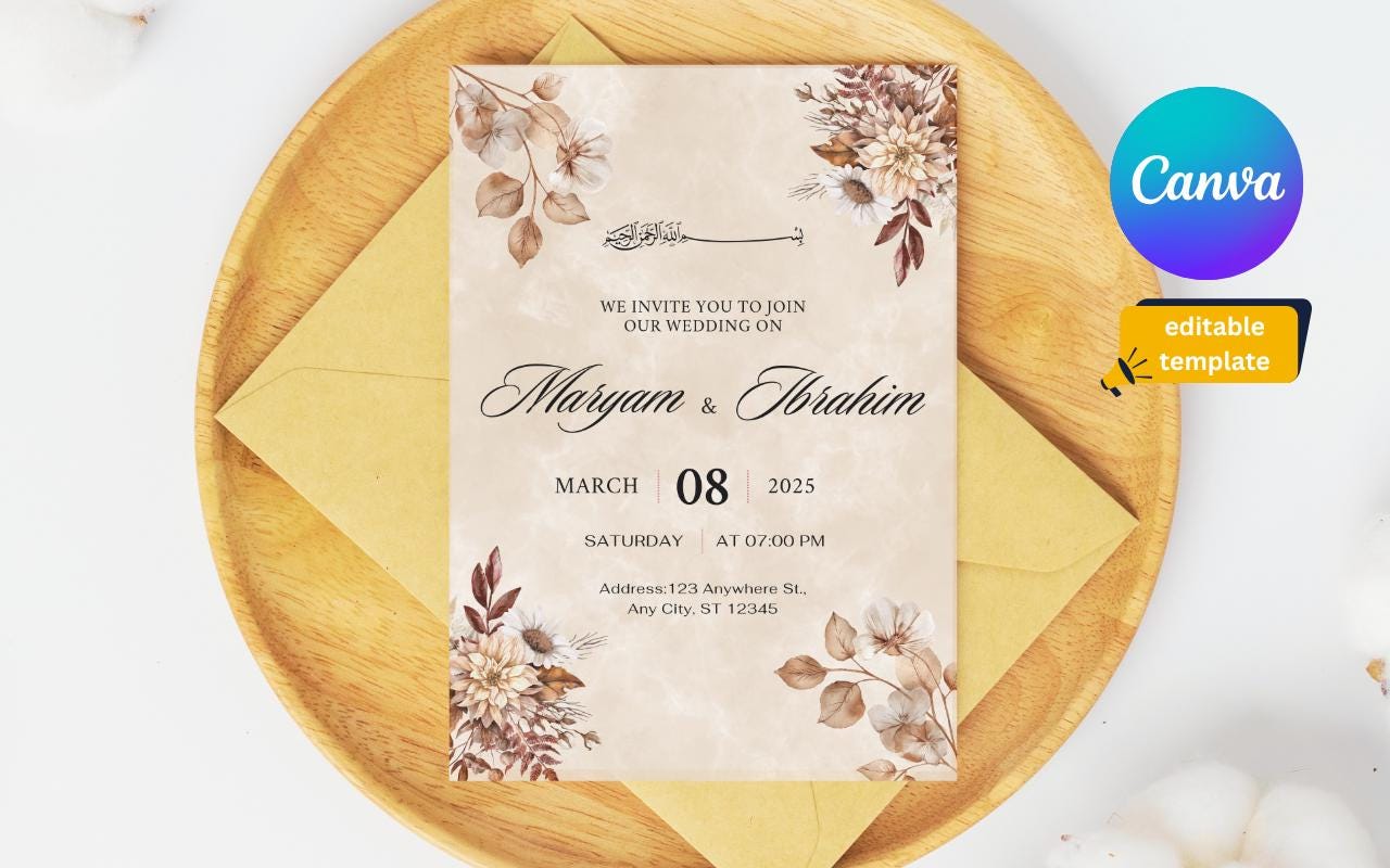 Nikkah Wedding Invitation Template: Minimalist Watercolor Floral (Digital Download)