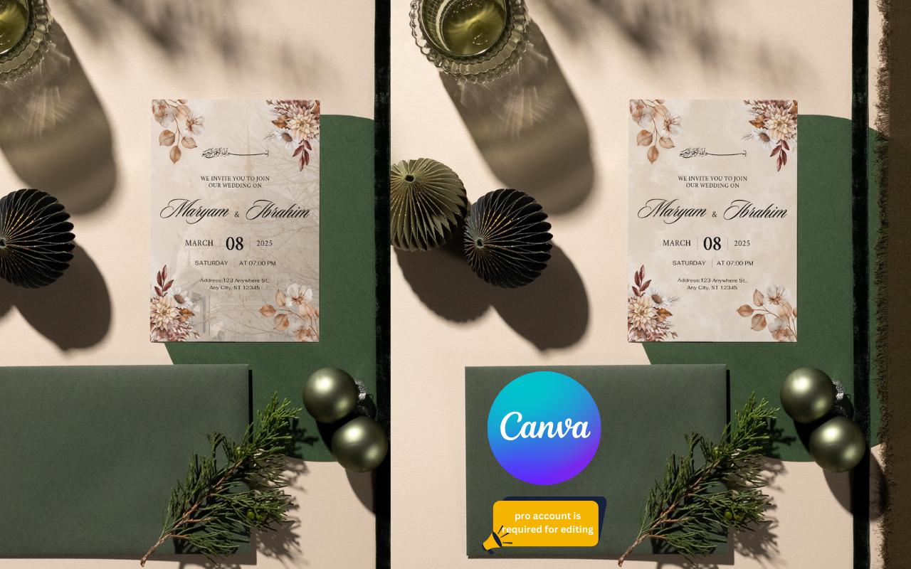 Nikkah Wedding Invitation Template: Minimalist Watercolor Floral (Digital Download)