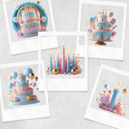 3D Happy Birthday Clipart: Pink, Blue, Gold (PNG Digital Download)