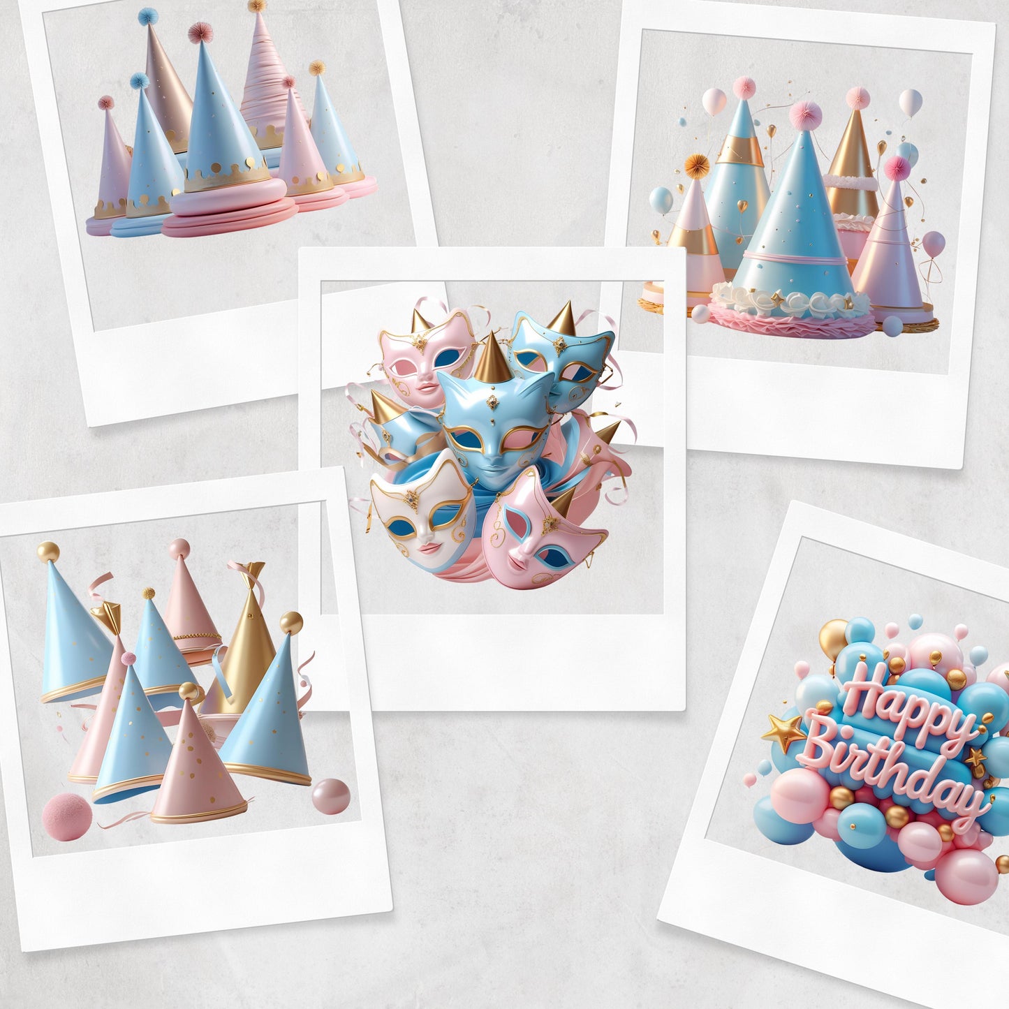 3D Happy Birthday Clipart: Pink, Blue, Gold (PNG Digital Download)