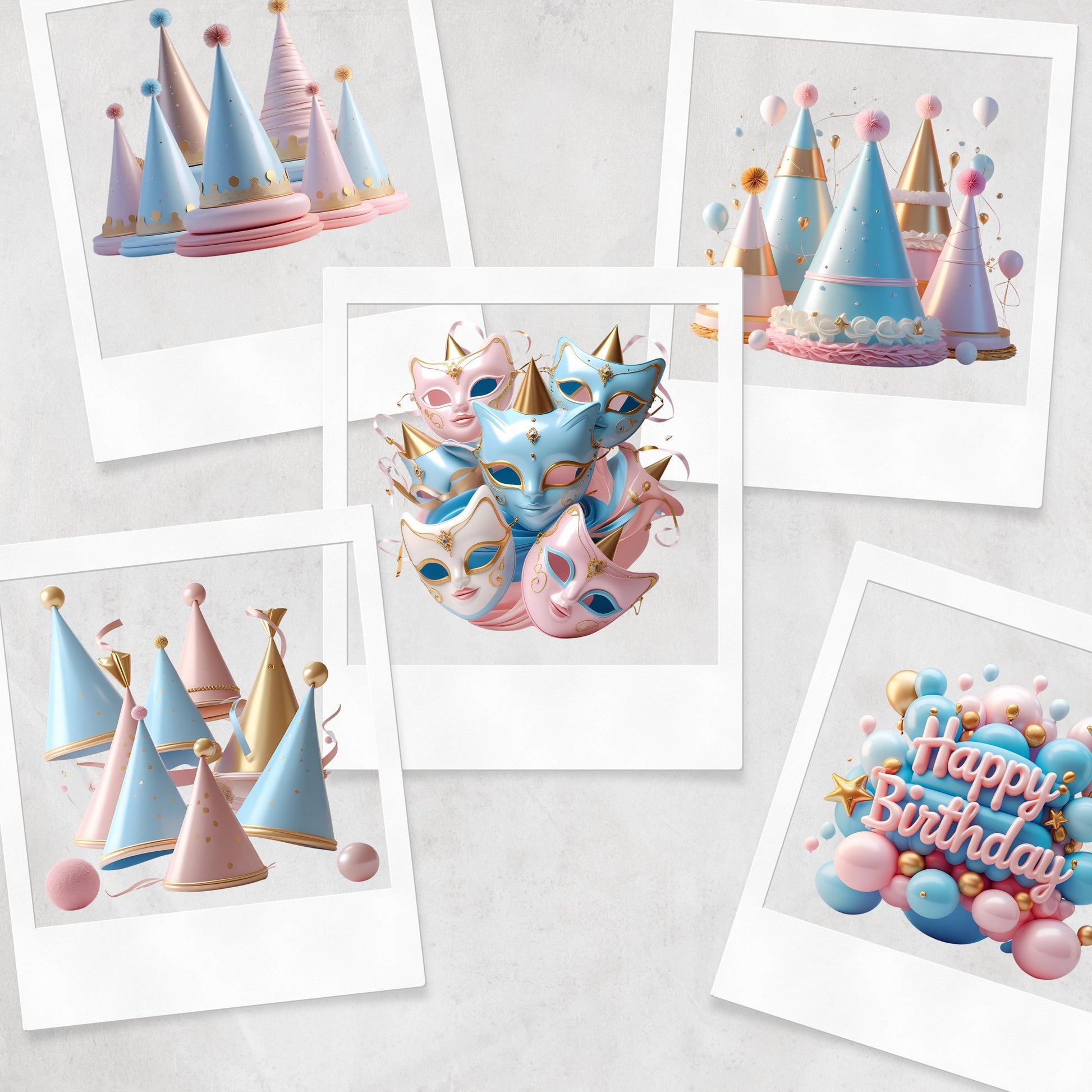 3D Happy Birthday Clipart: Pink, Blue, Gold (PNG Digital Download)