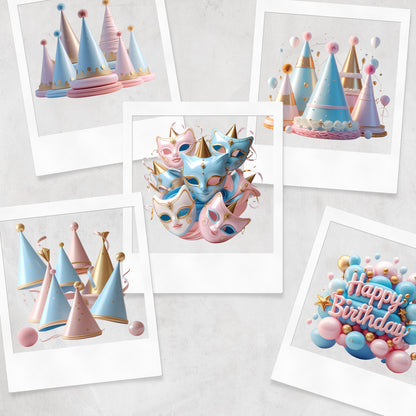 3D Happy Birthday Clipart: Pink, Blue, Gold (PNG Digital Download)