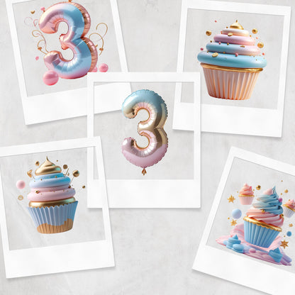 3D Happy Birthday Clipart: Pink, Blue, Gold (PNG Digital Download)