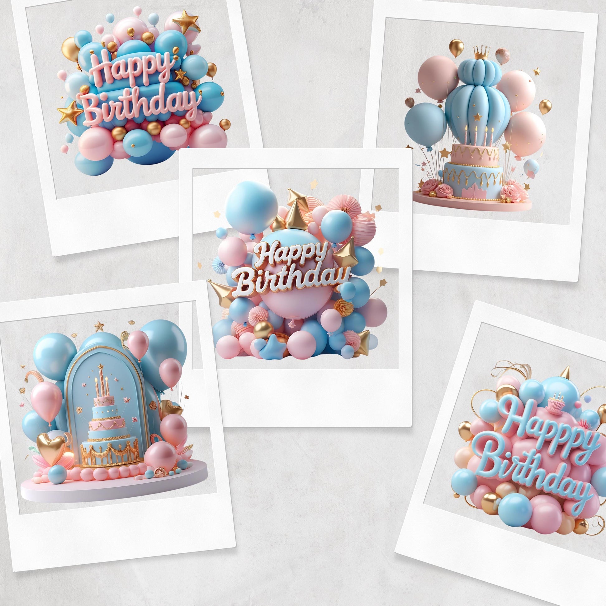 3D Happy Birthday Clipart: Pink, Blue, Gold (PNG Digital Download)