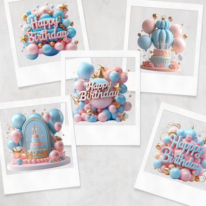 3D Happy Birthday Clipart: Pink, Blue, Gold (PNG Digital Download)