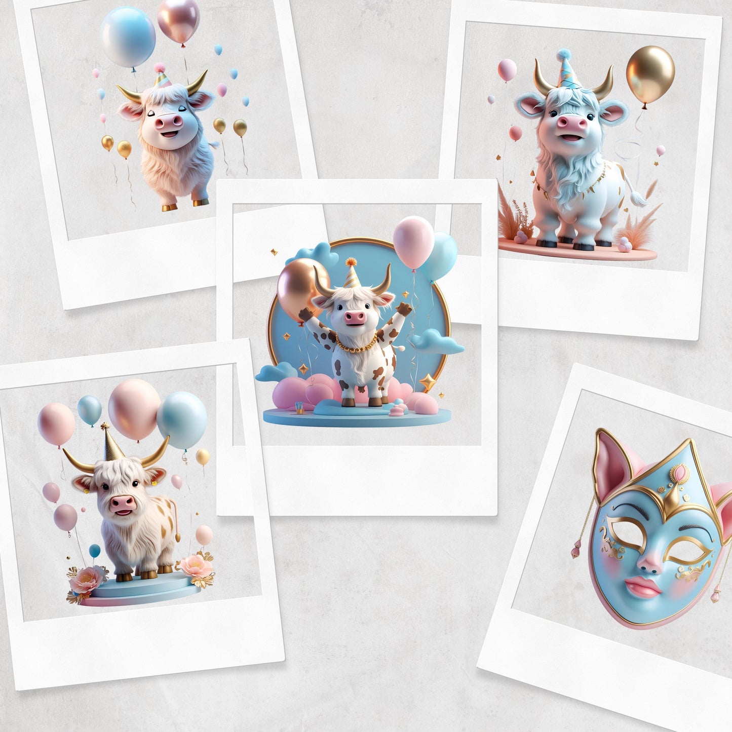 3D Happy Birthday Clipart: Pink, Blue, Gold (PNG Digital Download)