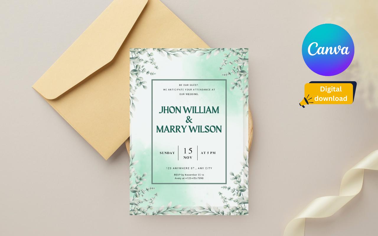 Green Floral Wedding Invitation Template: Botanical Elopement (Digital Download)