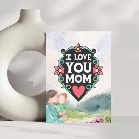 I Love You Mom Card: Watercolor Floral Design (PNG & PDF)
