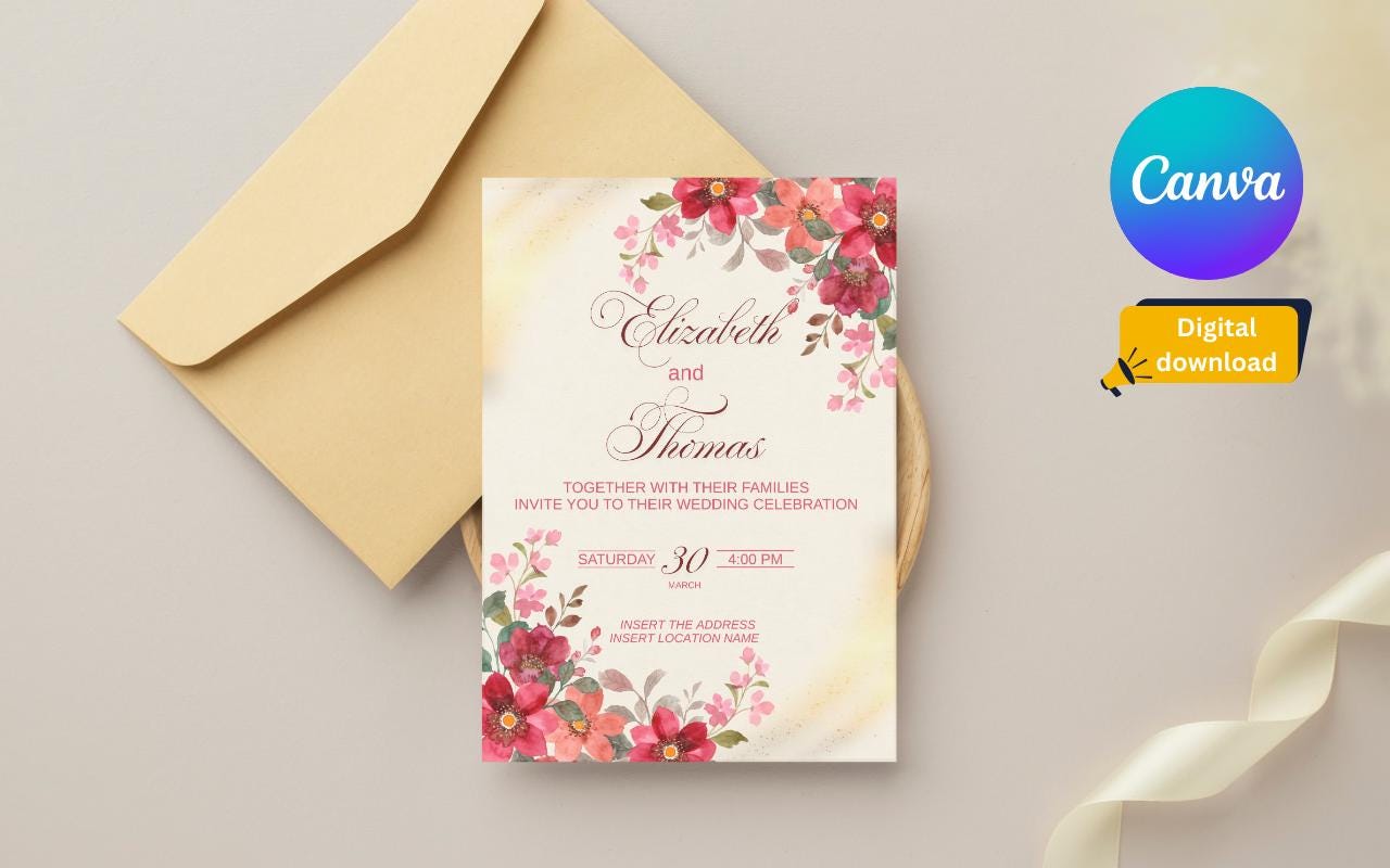 Watercolor Floral Wedding Card Template: Elegant Cream Design (Digital Download)