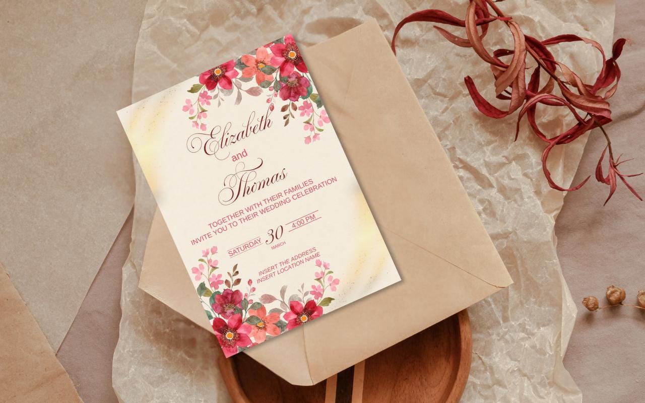 Watercolor Floral Wedding Card Template: Elegant Cream Design (Digital Download)