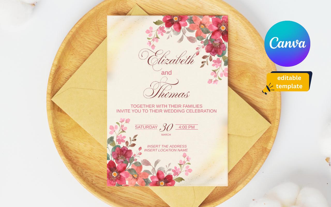 Watercolor Floral Wedding Card Template: Elegant Cream Design (Digital Download)