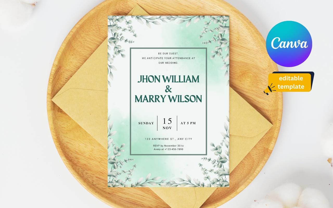 Green Floral Wedding Invitation Template: Botanical Elopement (Digital Download)