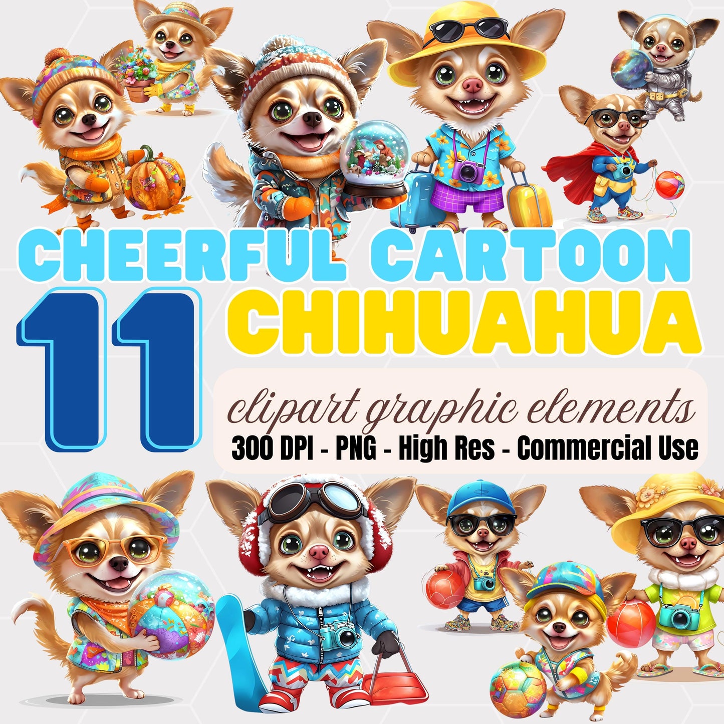 Cartoon Chihuahua Clipart Set: 11 Dressed Puppy PNGs (Digital Download)