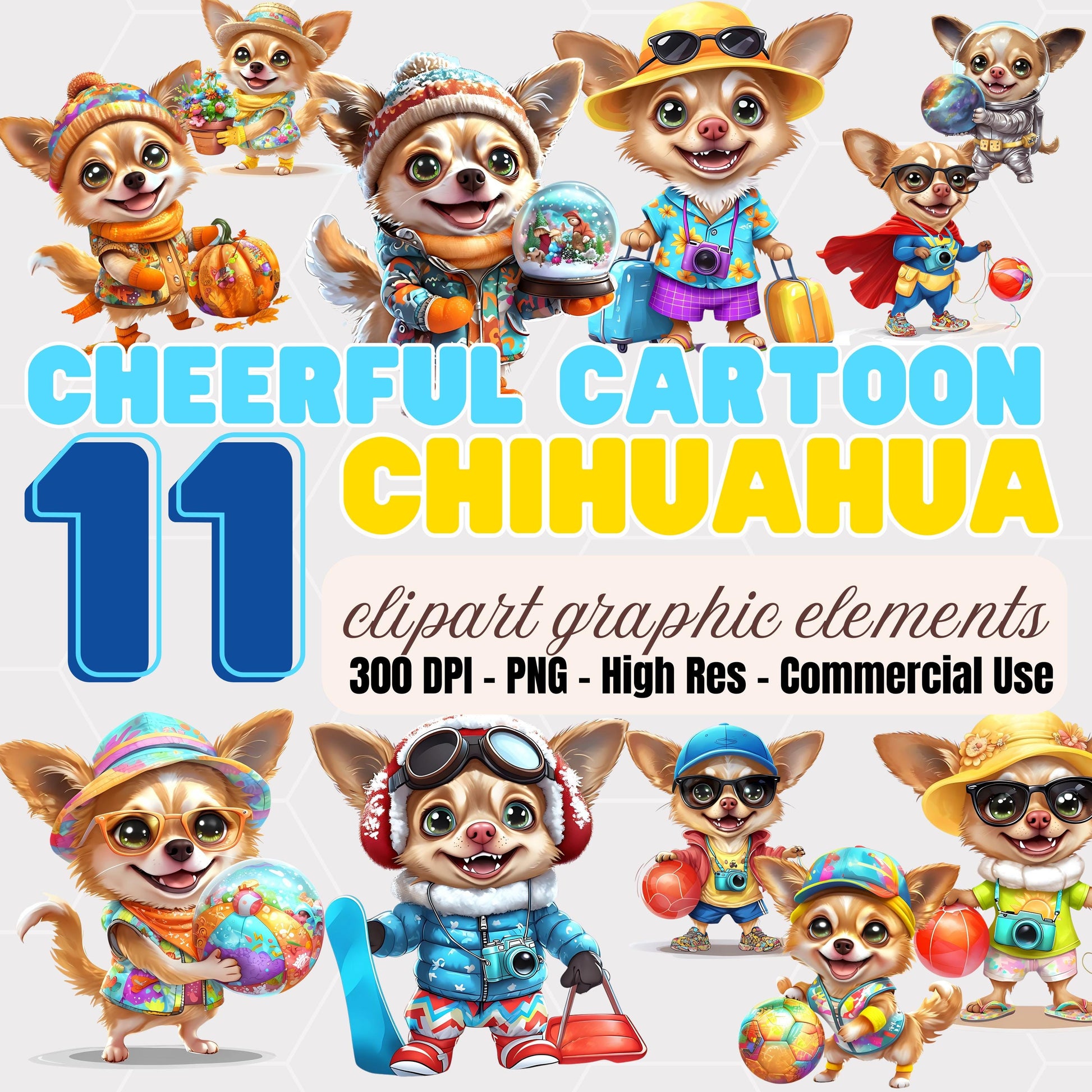 Cartoon Chihuahua Clipart Set: 11 Dressed Puppy PNGs (Digital Download)