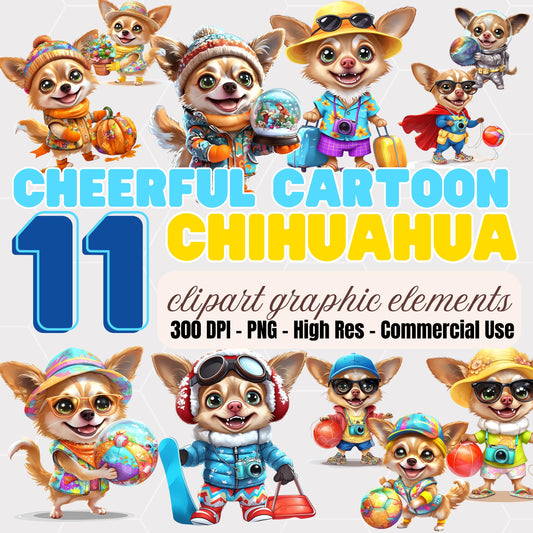 Cartoon Chihuahua Clipart Set: 11 Dressed Puppy PNGs (Digital Download)