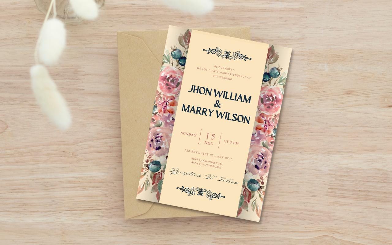 Boho Floral Wedding Invitation Template: Editable Canva Card (PDF)