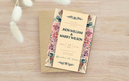 Boho Floral Wedding Invitation Template: Editable Canva Card (PDF)